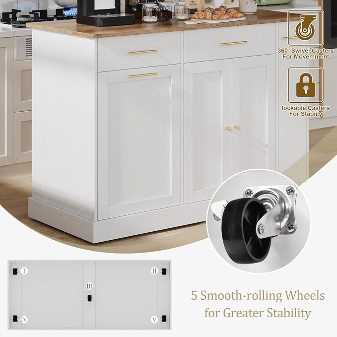 4 EVER WINNER Kitchen Island with Trash Can Storage, Rolling Kitchen Cart on Wheels with Spice Rack & Towel Rack, Movable Island for Kitchen, White
