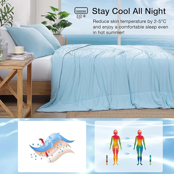 Monbix ChillChilla Cooling Comforter Queen Size-3 Pieces Cooling Blankets for Hot Sleepers and Night Sweats, Double-Sided Summer Queen Comforter Set, Breathable Lightweight Blanket Blue
