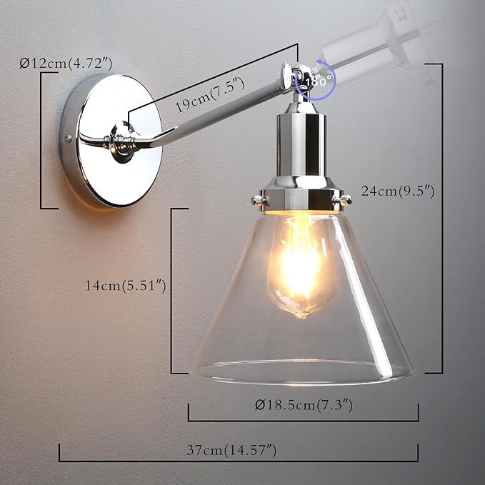 PERMO Industrial Vintage Slope Pole Wall Mount Single Sconce with Funnel Flared Clear Glass Shade Wall Sconce Light Lamp Fixtures (Chrome)