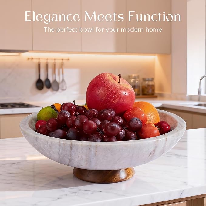 Gray Marble Fruit Bowl with Acacia Wood Pedestal, Large Decorative Footed Bowl, Natural Stone Centerpiece for Kitchen Counter, Entryway, Keys, Dining Table, House Warming Gifts New Home(11Inch)