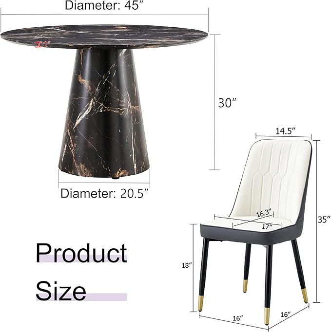 45 Inch Round Dining Table Set for 4, 5 Piece Kitchen Table and Chairs Set, Black Faux Marble Table Top, Small Space Dining Set for Apartment or Dining Room