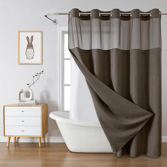 Brown No Hook Waffle Weave Shower Curtain with snap-in Liner Replacement, 230GSM Waterproof Fabric Hotel Shower Curtain Set for Bathroom, Through Mesh Top Window,71Wx74H