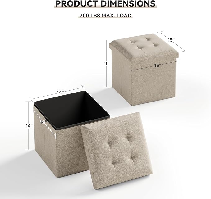 Storage Ottoman Bench, 15 Inch Ottoman Foot Rest, End of Bed Bench, Storage Chest, Load 700 lb, for Living Room, Bedroom, Entryway, Beige