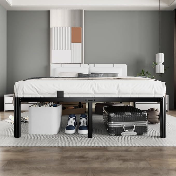 Metal Bed Frame,Twin Bed Frames with Fixed Stand,Bedframe with Storage Space,Easy Assembly,No Box Spring Needed,Headboard Hole and Round Corner Legs Mattress Retainers 14 Inch,Black,Twin