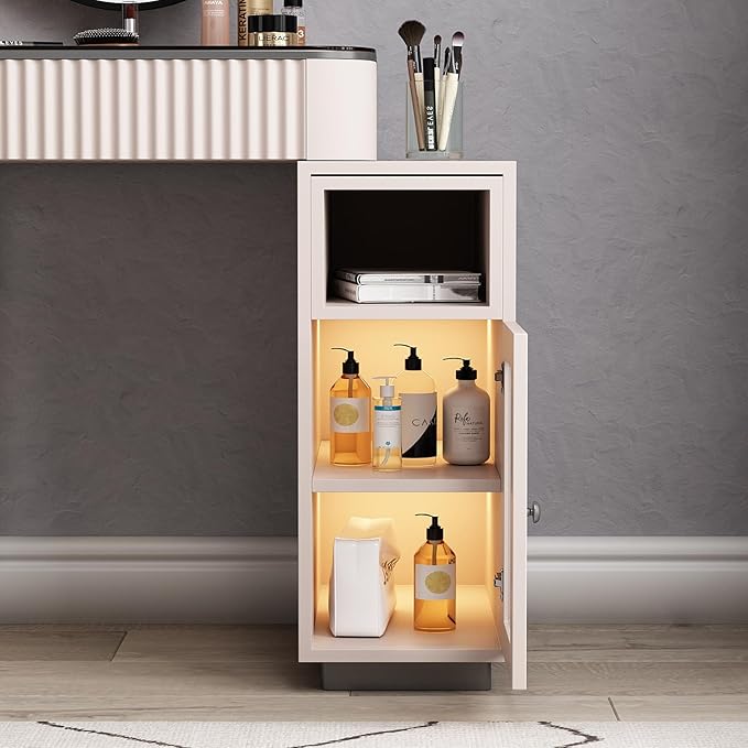 Lartis Makeup Vanity, Makeup Vanity with LED Makeup Mirror, Three Adjustable Light Levels, Tempered Teal Glass countertop