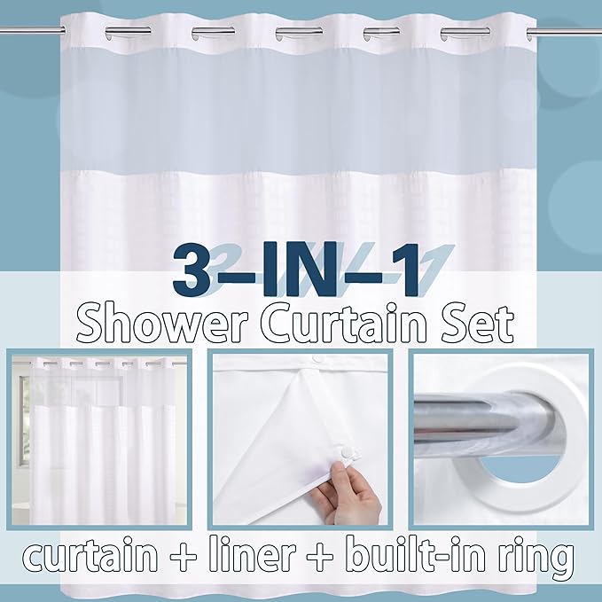 Conbo Mio Extra Wide No Hook Shower Curtain with Snap in Liner Set, 108" x 74" Hotel Luxury White Fabric Shower Curtains for Bathroom with See Through Top Window, Washable, Waterproof 108W x 74H