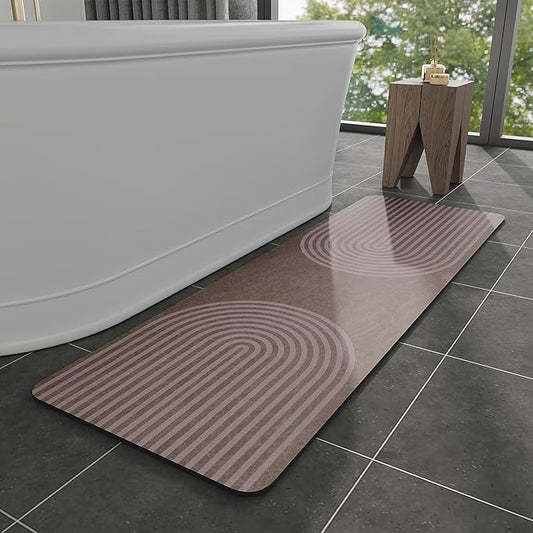 MontVoo -Bath Mat-Non Slip Thin Bathroom Rugs Fit Under Door- Quick Dry Absorbent Faux Suede Surface Grey Bathroom Floor Mats-Shower Rug for in Front of Bathtub Shower Brown Arched 17x59
