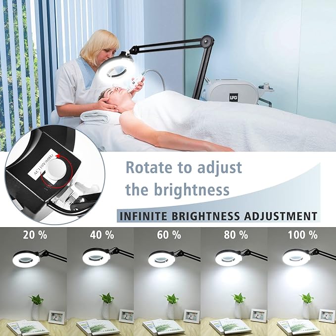 LANCOSC 8X Magnifying Glass with Light and Stand, Floor Lamp with 5-Wheel Rolling Base for Facials Lash Estheticians, 1,500 Lumens Dimmable LED Lighted Magnifier for Reading Sewing Crafts - Black