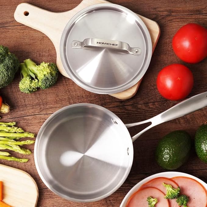 HOMICHEF 1.8 QT NICKEL FREE Stainless Steel Sauce Pan with Lid Coating Free - Non Toxic Matte Polished Stainless Steel Pot with Thick Bottom for Induction