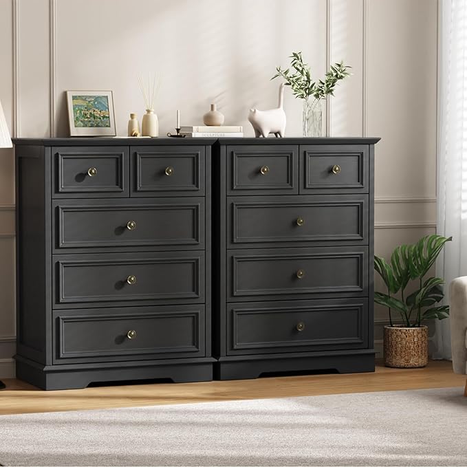 5 Drawer Dresser for Bedroom, Black Wooden Dresser and Chest of Drawers with Metal Handle, Bedroom Drawer Dressers for Living Room, Entryway, Hallway