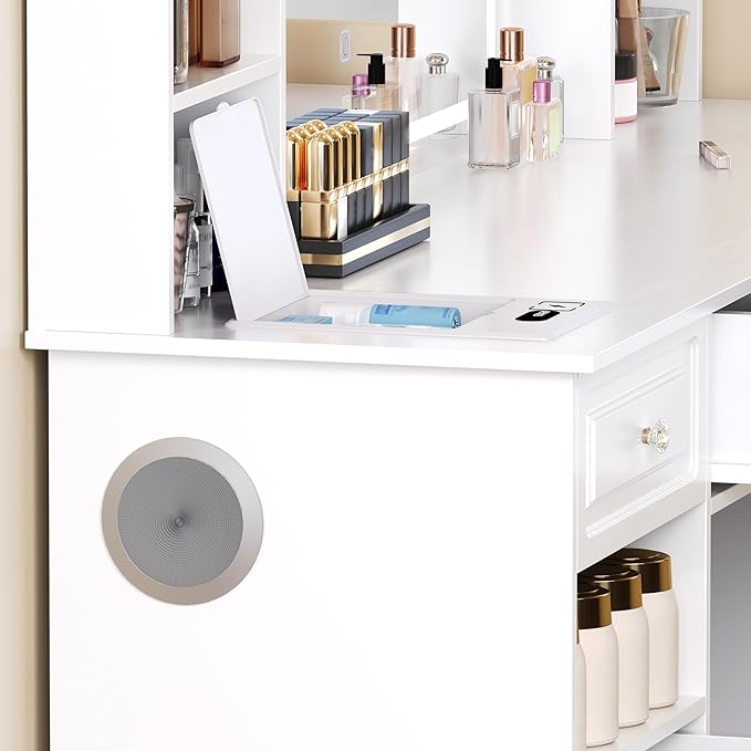 Vanity Desk with Mirror and Lights, Makeup Vanity Desk with Facial Mask Box, Dressing Table with Bluetooth Speaker, Makeup Vanity Set with Wireless Charger, 9 Drawers and 10 Shelves (47" W, White-A)