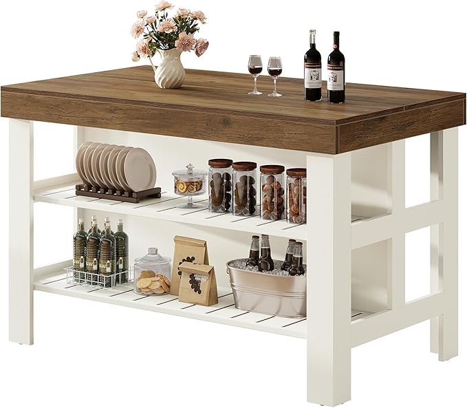 Tribesigns Kitchen Island with Seating and Storage Shelves, 55.1-Inch Breakfast Counter Farmhouse Island Table for Kitchen Dining Room