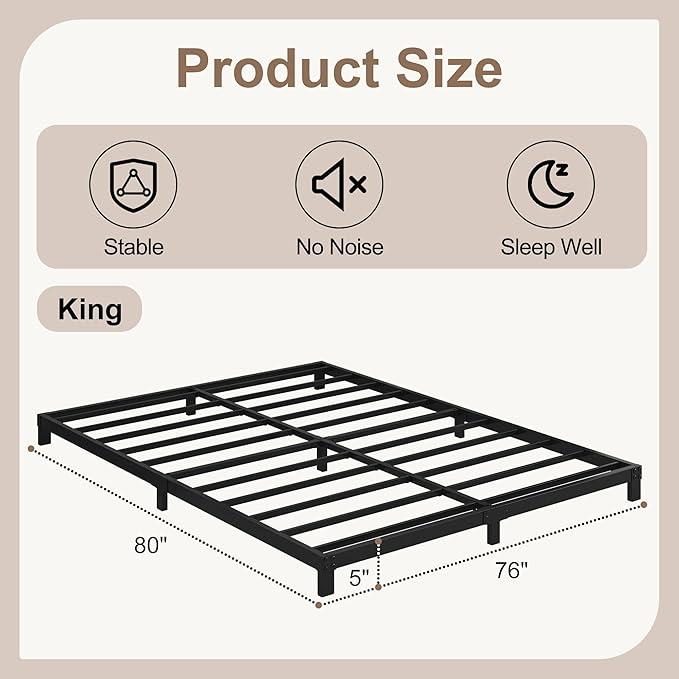 5 Inch Low King Size Bed Frame, Heavy Duty Bed Frame King Size Low Profile, No Box Spring Needed, Easy Assembly, Noise Free, Black