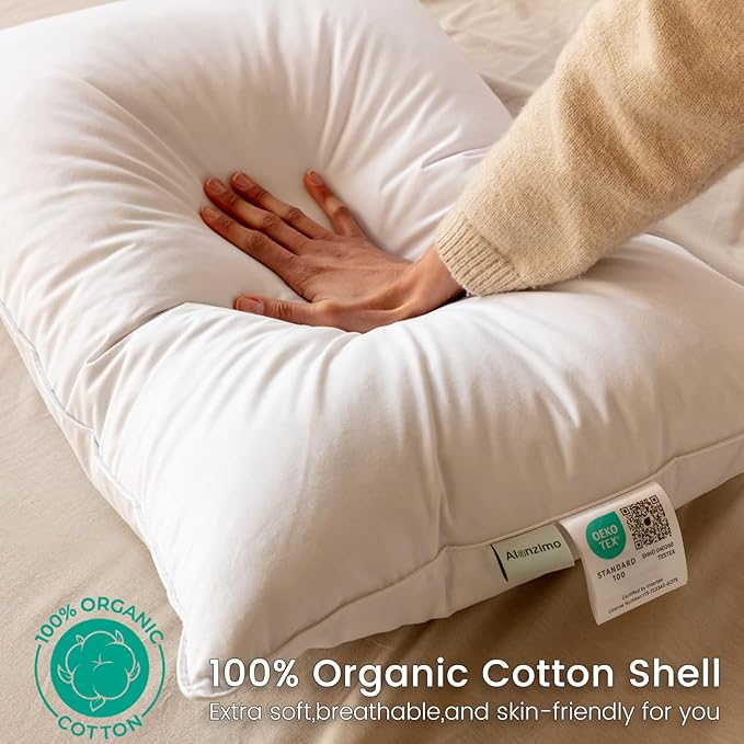 Alanzimo Goose Feathers Down Pillows Standard/Queen Size Set of 2, Luxury Soft Feather Down Pillow for Sleeping, 100% Cotton Cover Hotel Collection Bed Pillows for Back,Stomach or Side Sleepers 20x28