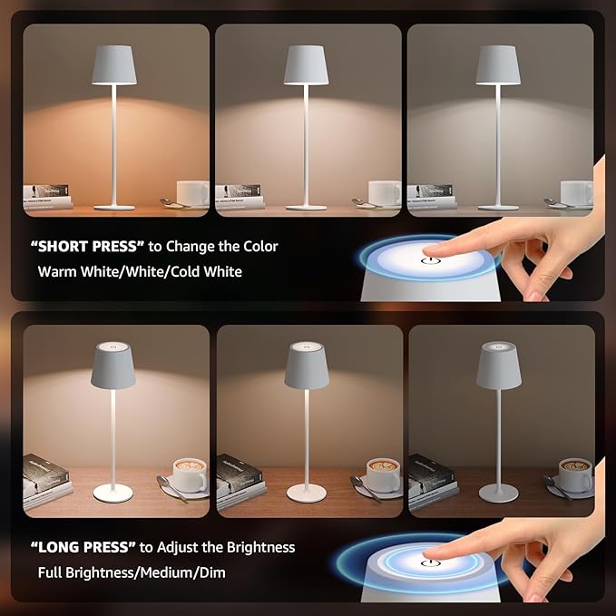 uuffoo 2 Pack Rechargeable Table Lamp Battery Operated Cordless Table Lamps with 3 Colors Stepless Dimming, Desk Night Light for Restaurant, Patio, Bedroom, Bar (White)