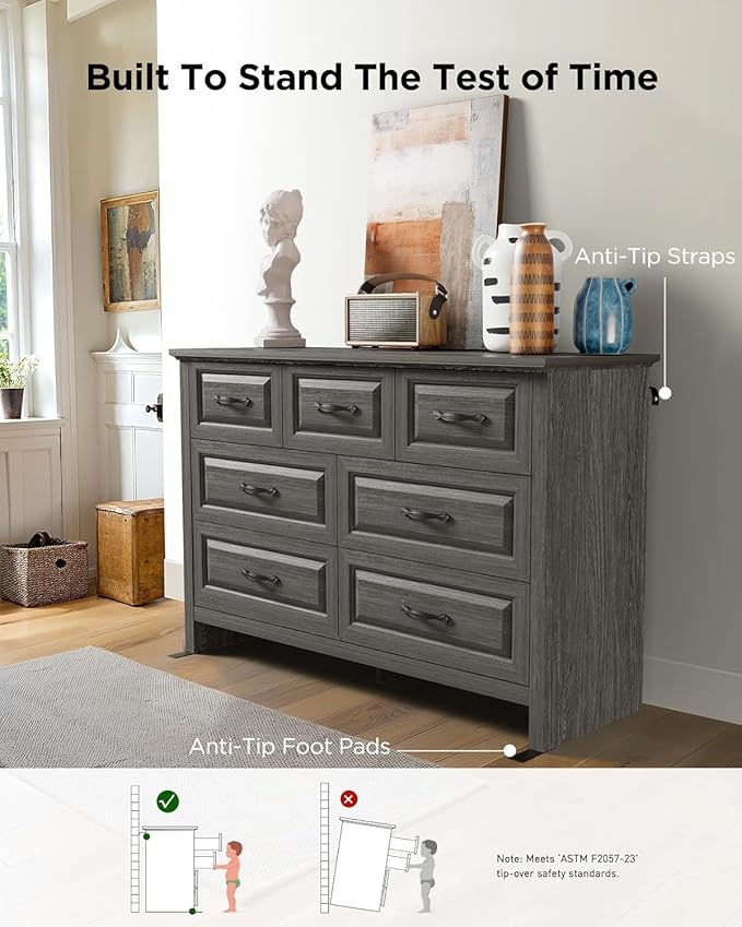 Pipishell Grey 7 Drawers Dresser for Bedroom, 47" Wide Wood Rustic Chest of Drawers with Bar Handles, Farmhouse Storage Dressers Organizer for Bedroom, Living Room, Hallway, Grey