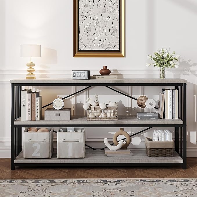 HSH Long Bookshelf, Large Wood Wide Grey Horizontal Book Shelf Under Window, Modern Open Etagere Bookcase for Bedroom Living Room, Industrial Wooden Metal Display Bookshelves for Home Office, 63 Inch