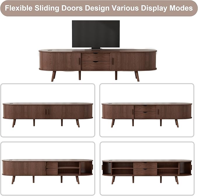 Alohappy 69" Mid Century Modern TV Stand with Charging Station, Farmhouse Curved Edge TV and Media Console Table with Drawer and Shelf, Fluted Entertainment Center for Living Room, Bedroom, Walnut