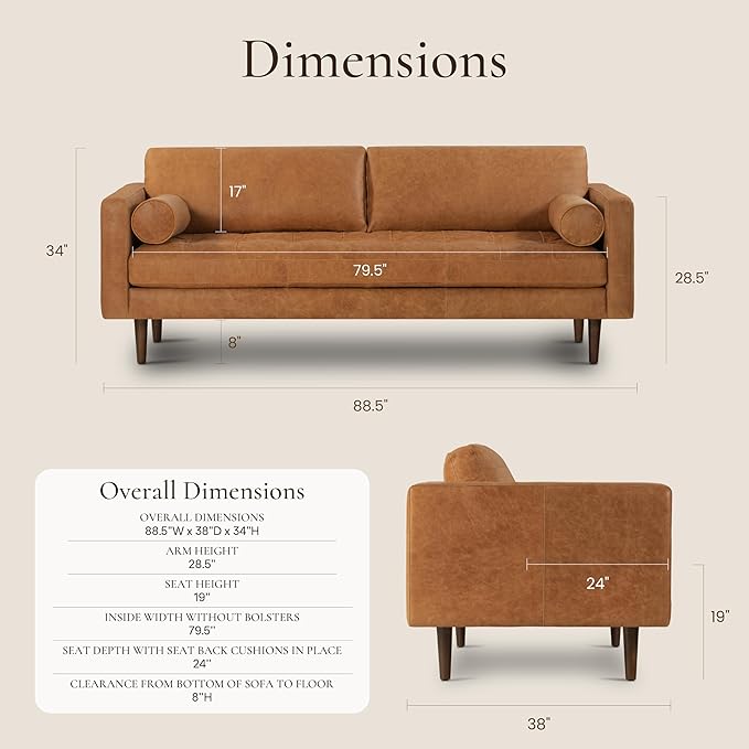 Poly & Bark Napa Leather Couch - 88.5-Inch Office Sofa with 2 Bolsters - Full-Grain Leather Sofa for Living Room with Feather-Down Topper - Living Room Couch - Vintage Italian Leather in Cognac Tan