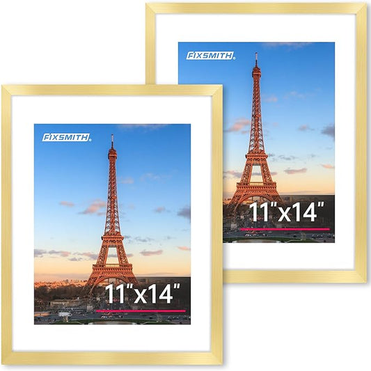 FIXSMITH 11x14 Picture Frame Set of 2, Photo Frame with HD Plexiglass, Display Pictures 8x10 with Mat or 11x14 Without Mat, Gold Picture Frames Collage Wall Decor, Gallery Wall Frame