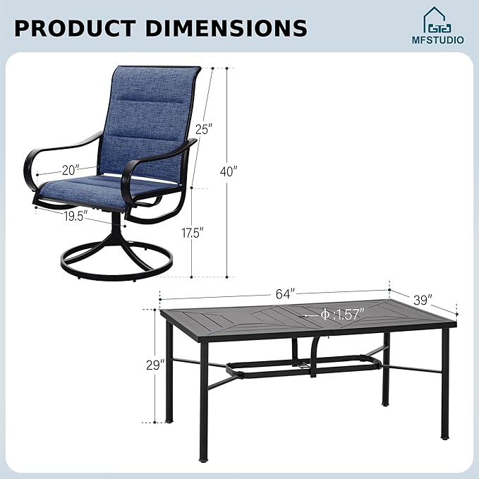 MFSTUDIO Patio Dining Set for 6, Outdoor Dining Set with Metal Table and Swivel Chairs, Patio Table and Chairs Set for Deck Backyard Poolside Garden