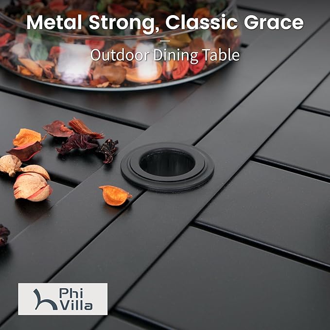 PHI VILLA 7-Piece Metal Patio Outdoor Table and Chairs Outdoor Dining Set - 60" Patio Table with Umbrella Hole and 6 Backyard Garden Chairs, Black