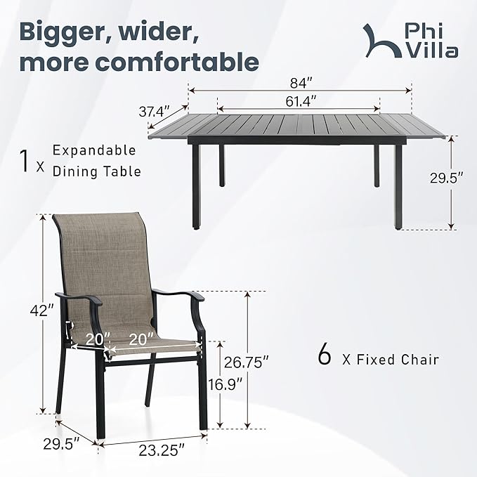 PHI VILLA 7 Piece Outdoor Dining Set, Patio Table and Chair Set with Expandable Metal Steel Table & Extra Large High Back Armrest Dining Chairs for Patio, Deck, Yard