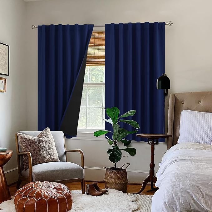 BGment Navy Blue 100% Blackout Curtains 45 Inches Long with Black Liner, Rod Pocket and Back Tab Double Layer Full Room Darkening Thermal Window Curtains for Bedroom, 2 Panels, Each 52 x 45 Inch