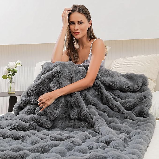 UKELER Soft Faux Fur Throw Blanket 50''x60'' Solid Reversible Shaggy Blanket Plush Thick Fluffy Blankets Throws for Bed, Couch, Sofa, Office, Camping Dark Grey