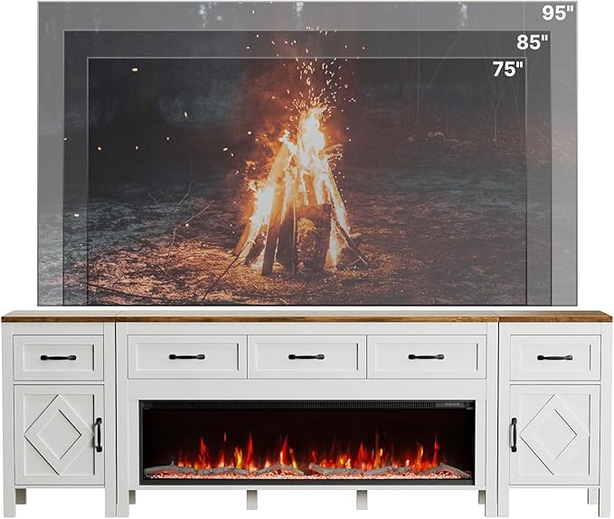 Modern TV Stand with Fireplace for TVs Up to 95 Inch,Entertainment Center with 50" Electric Fireplace,88" TV Console with Storage Cabinet Drawers for Living Room(Off White)