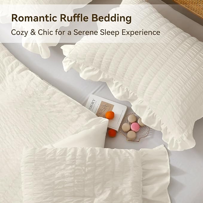 JOLLYVOGUE Ivory Queen Comforter Set, 3 Pieces Seersucker Comforters Queen Size, Lightweight & Fluffy Bedding Sets Queen for All Season with 1 Ruffle Comforter and 2 Ruffle Pillowshams