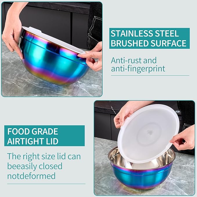 MEADLY Colorful Mixing Salad Bowls With Lids Set of 4, Stainless Steel Nesting Bowl with white Lid,Dishwasher Safe,Home kitchen Mixing Prepping Storing Serving,size of 5.5,3.6,2.1,1.5,Qt