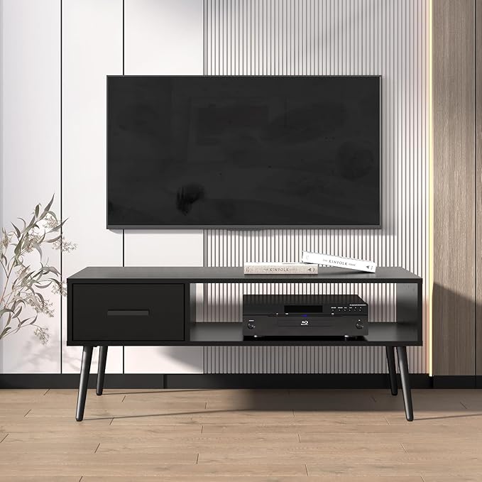 HAIOOU Coffee Table, Mid Century Modern Style Cocktail Table TV Stand with Drawer, Open Storage Shelf, Stable Floor-Anti-Scratching Pine Leg for Home, Office, Living Room - Black