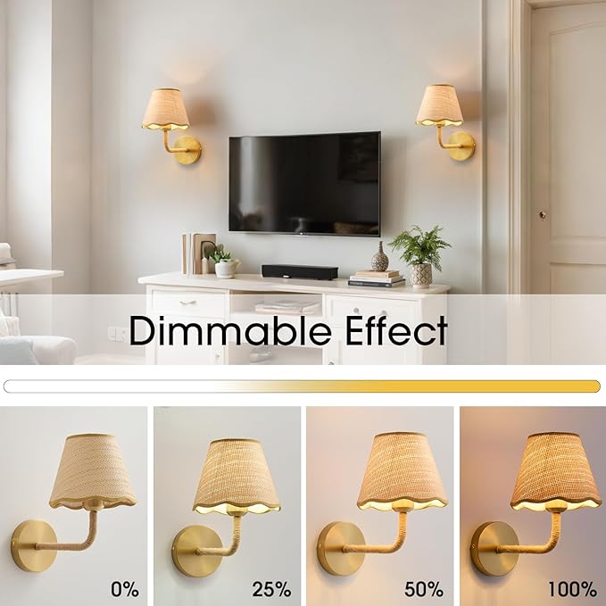 Boho Battery Operated Rattan Wall Sconces Set of Tow, Wireless Rechargeable Battery Powered Wall Light with Grass-Woven Lampshade for Bedroom Living Room Hallway Porch
