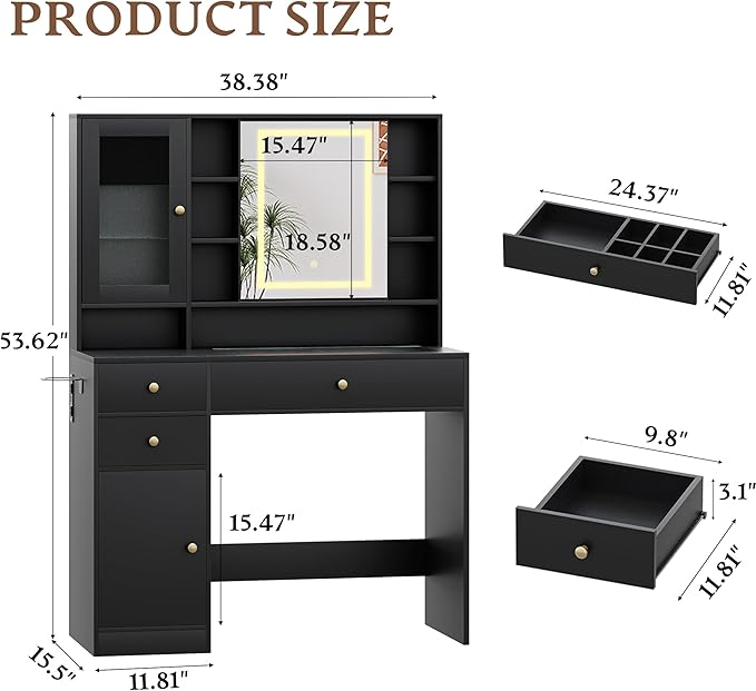 Vanity Desk with Mirror and Lights Makeup Vanity Desk with Lights 3 Colors 38" Dressing Table with Drawer and Cabinet for Bedroom Transparent Glass Top Power Outlet for Bedroom Black