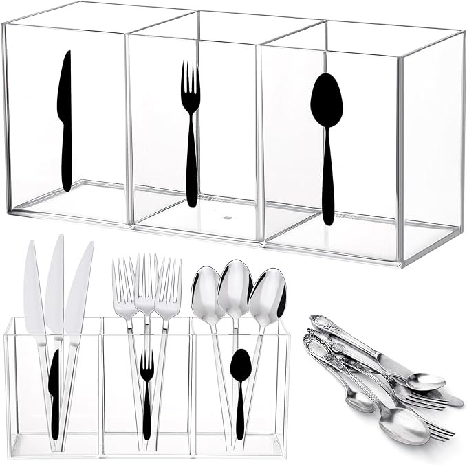 Suzile Acrylic Cutlery Storage Organizer Bin Silverware Caddy Countertop Knife Spoon and Fork Holder Kitchen 3 Section Tableware Storage Box for Cabinet Indoor Home Flatware Dining Room (Clear,L)