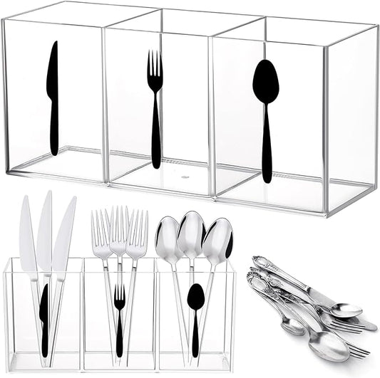 Suzile Acrylic Cutlery Storage Organizer Bin Silverware Caddy Countertop Knife Spoon and Fork Holder Kitchen 3 Section Tableware Storage Box for Cabinet Indoor Home Flatware Dining Room (Clear,L)