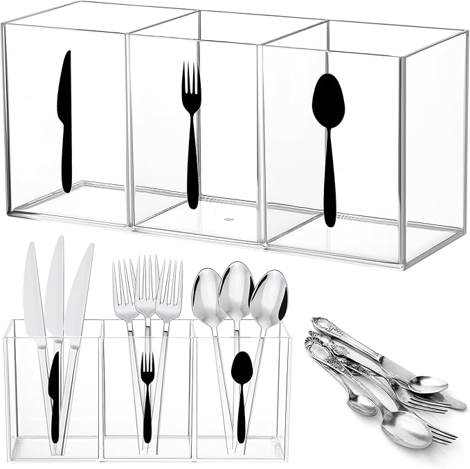 Suzile Acrylic Cutlery Storage Organizer Bin Silverware Caddy Countertop Knife Spoon and Fork Holder Kitchen 3 Section Tableware Storage Box for Cabinet Indoor Home Flatware Dining Room (Clear,M)