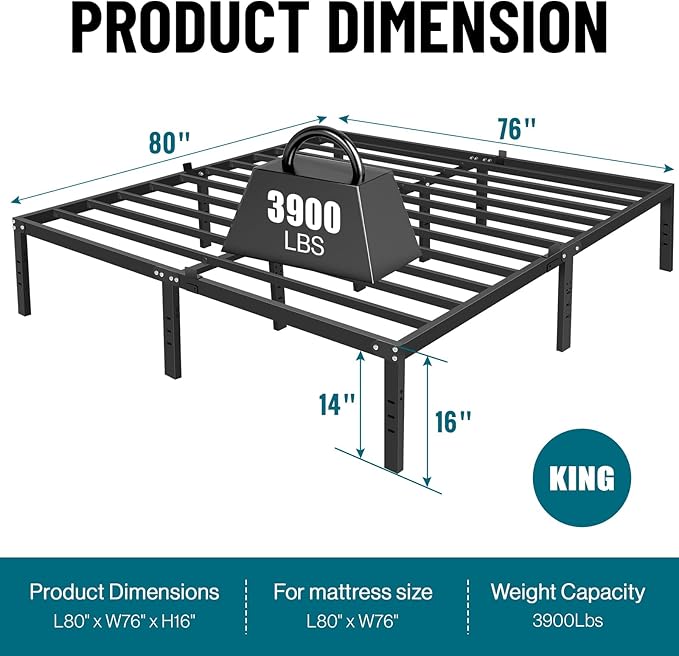 16 inch High Mental King Size Bed Frame with Headboard Hole,3900LBS King Size Platform Bed Frame with Storage Space Under Bed,No Box Spring Needed,Easy Assembly