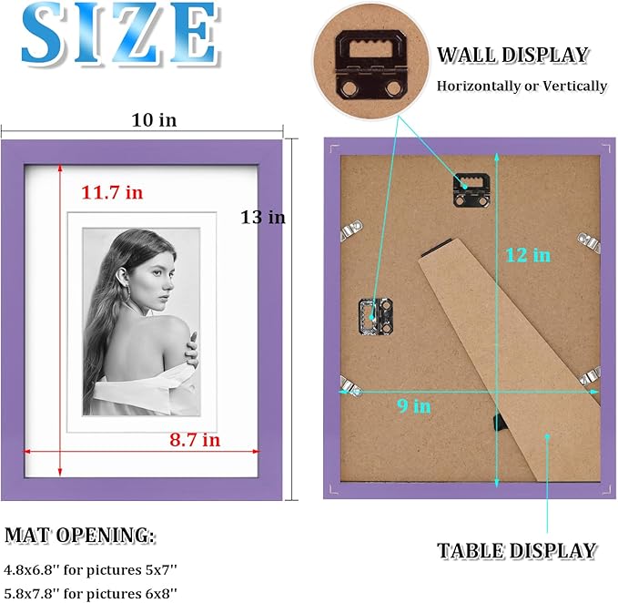 Egofine 9x12 Picture Frame Made of Solid Wood Covered by Plexiglass, Wood Frame for Pictures 5x7/6x8 with Mat or 9x12 without Mat, Tabletop and Wall Mounting Display, Purple
