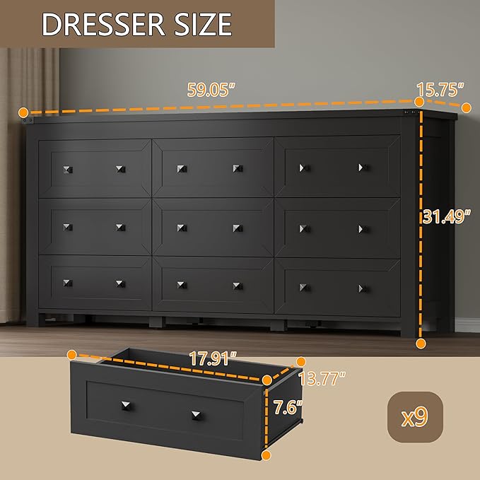 9-Drawer Dresser, Modern Wooden Storage Chest of Drawers, Dresser TV Stand, Wood Drawer Organizer with Metal Handles for Bedroom, Living Room, Hallway