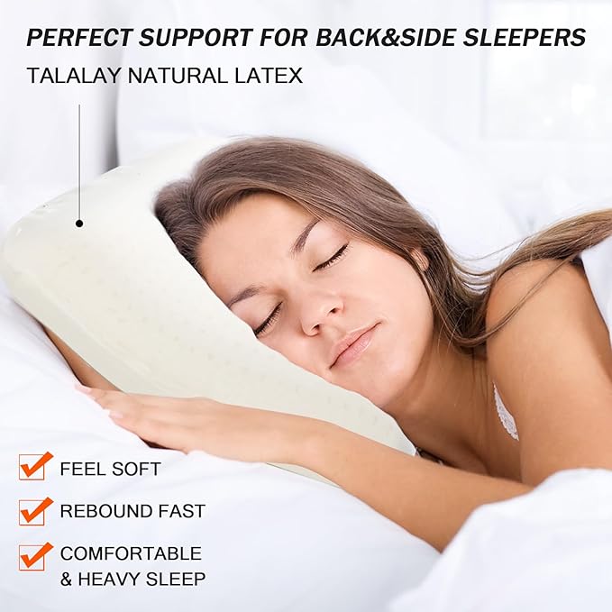 Talalay 100% Natural Premium Latex Pillow, Queen Bed Pillow with Removable Cotton Cover, Helps Relieve Pressure, Sleeping Pillow Suitable for Back and Side Sleepers and as Travel Pillow (Standard)