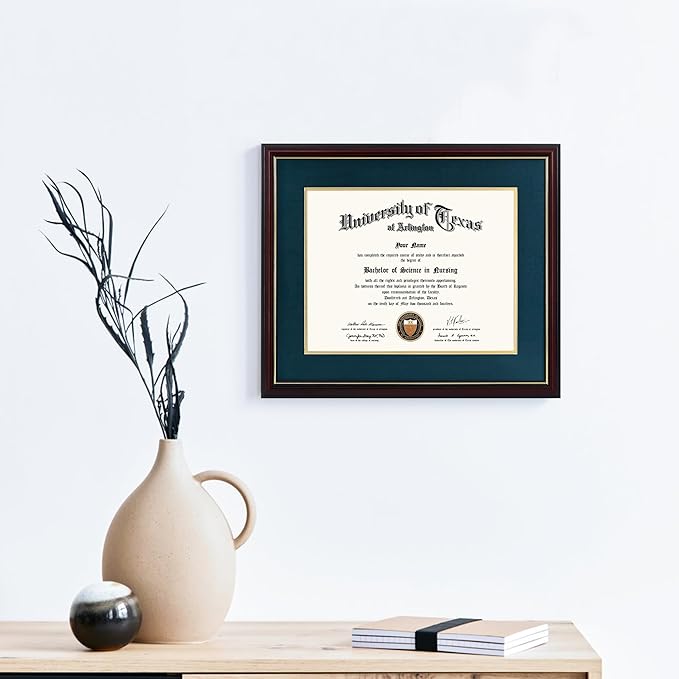 GraduationMall 11x14 Diploma Frame with Navy over Gold Mat or Display 15x18 Certificate without Mat,Solid Wood & UV Protection Acrylic,Cherry Finish with Gold Trim