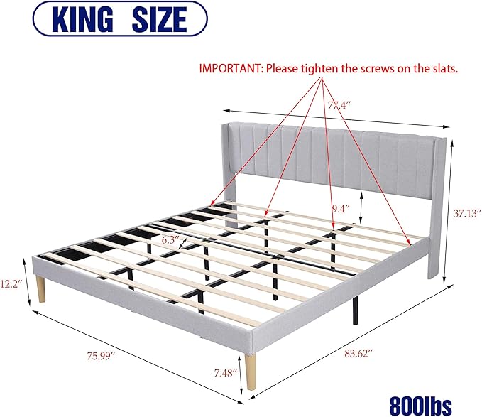 Upholstered Platform King Size Bed Frame with Headboard Wooden Slats Support No Noise Easy Assembly Light Grey Linen