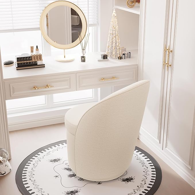 YOUNIKE Vanity Bench Boucle Fabric White Solid Wood Swivel Accent Chair with Backrest Easy Assembly Dressing Stool for Bedroom & Makeup Room
