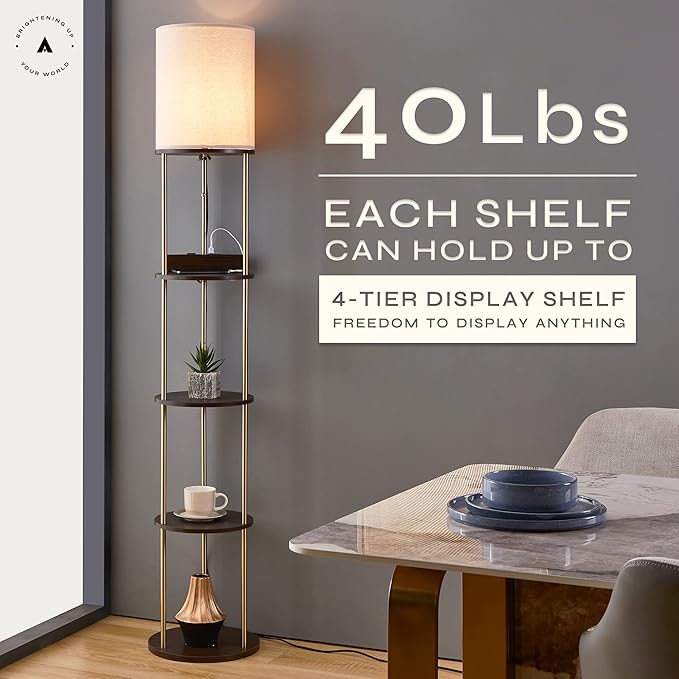 ATAMIN Tall Floor Lamp with Shelves and Charging Station – USB-C, USB, and Wireless Charging Shelf Lamp for Living Room or Bedroom 72-inch Modern Standing Lamp with Compact Storage