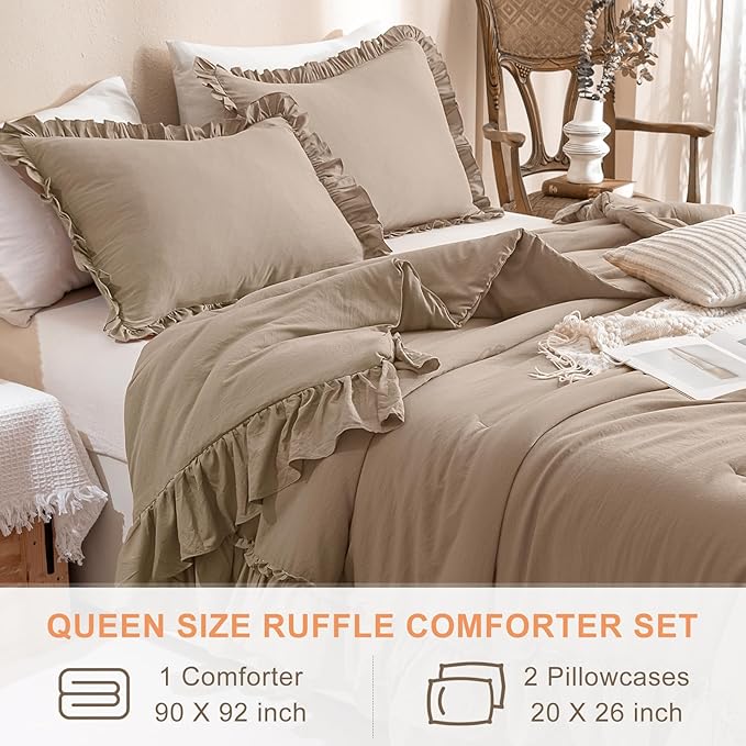 QSH 3PCs Light Taupe Ruffled Comforter Set Queen Size,Shabby Boho Chic Bedding Comforter Sets Queen, Ultra Soft Farmhouse Lightweight Microfiber Inner Fill Bed Comforter Set