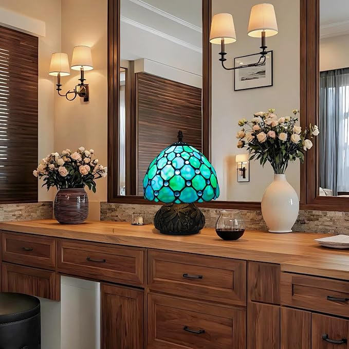 Small Tiffany Stained Glass Lamp, 3 Color Temperatures Bedside Lamp, 8 Inch Blue Pearl Beads Style Mushroom Desk Light for Bedroom Living Room Office Home Decor (Blue)