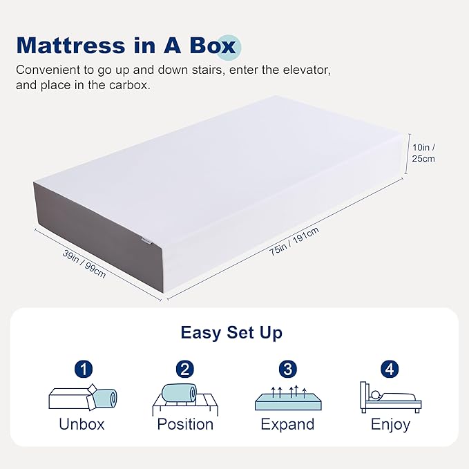 Amazon Basics Memory Foam Mattress, Soft Plush Feel, 10 Inch, Twin, White/Grey
