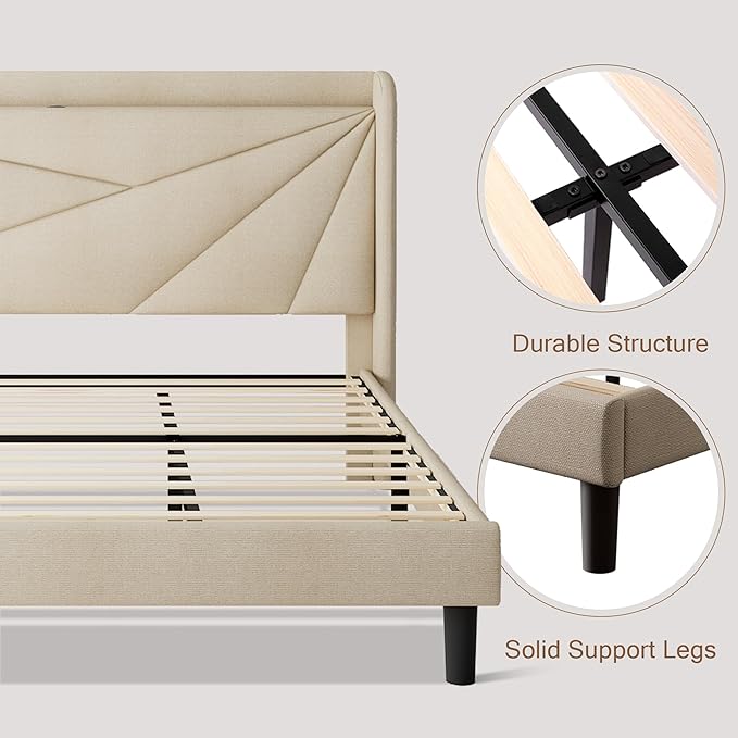 King Size Upholstered Bed Frame with Charging Station, Modern Minimalist Headboard, Solid Wood Slats Support, No Box Spring Needed, Noise Free, Beige